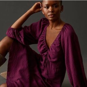 Anthropologie MAEVE Deep-V Neck Ruched Midi Dress- size 6